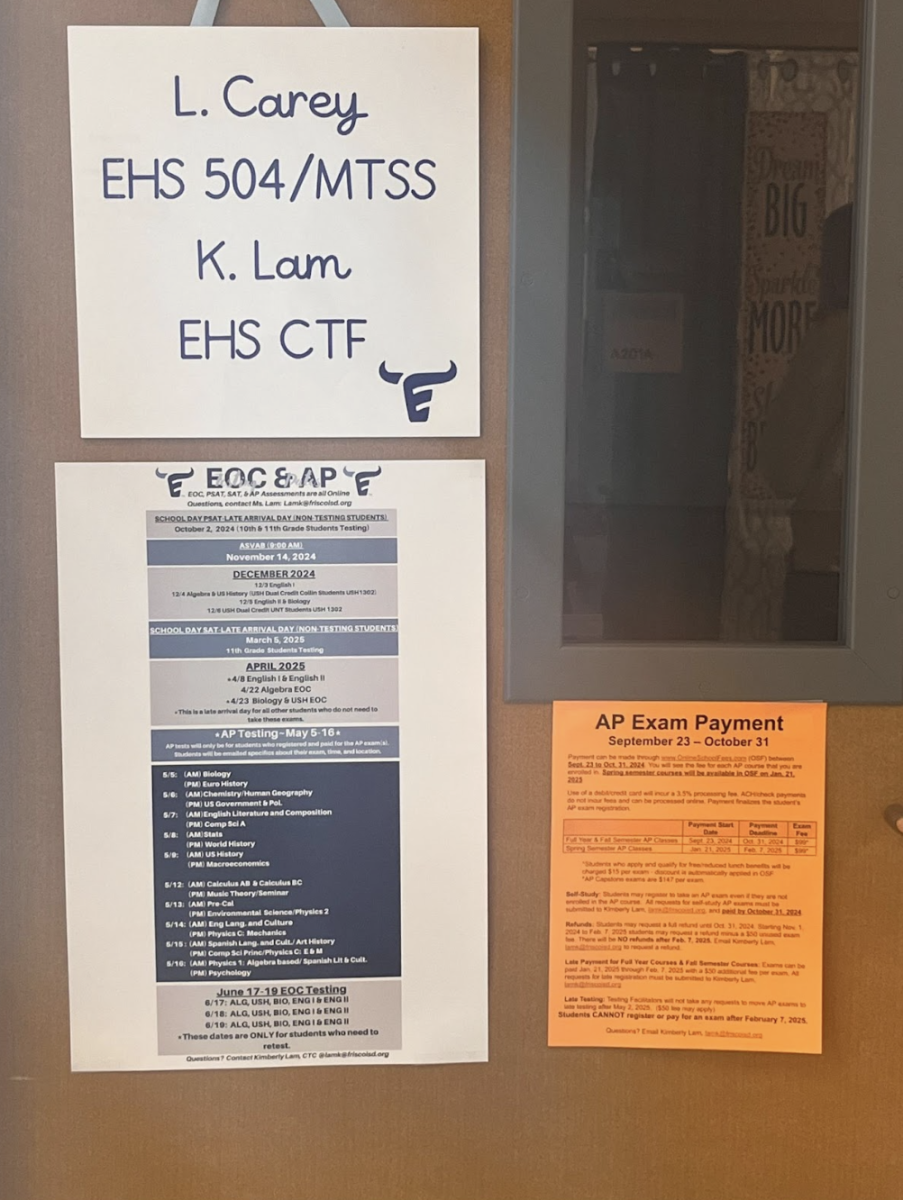 AP exam informational posters tacked on the upstairs office door of Campus Testing Facilitator, Kimberly Lam and 504 Coordinator, Lindsay Carey.